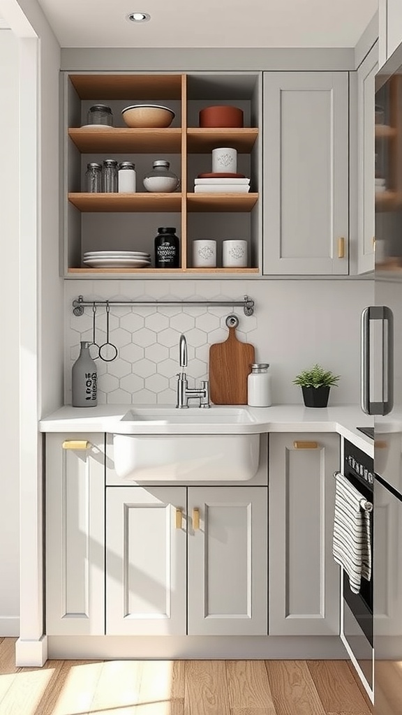 A compact kitchen with a small sink, light gray cabinetry, and open shelving displaying kitchenware.