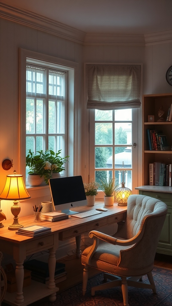 Cozy home office with soft ambient lighting, a desk, a comfortable chair, and plants by the window.