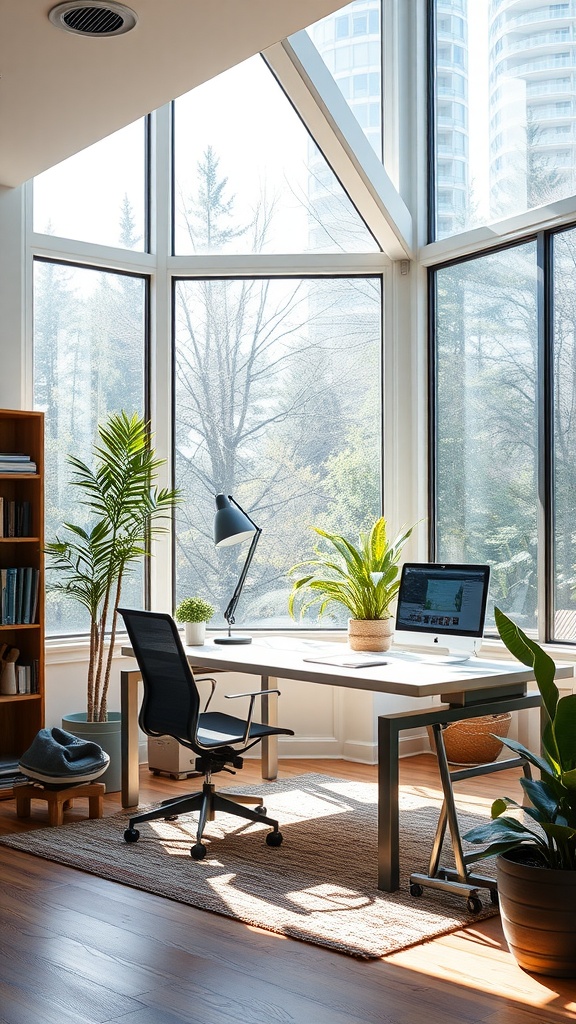A bright and inviting small home office with large windows, plants, and a clean desk setup.