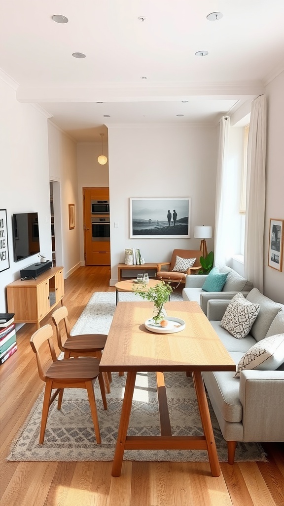 A small living room with a dining table, showcasing an open layout that optimizes traffic flow.