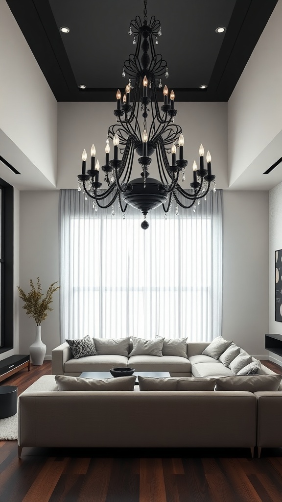 A living room featuring a grand black chandelier, minimalist furniture, and large windows with sheer curtains.