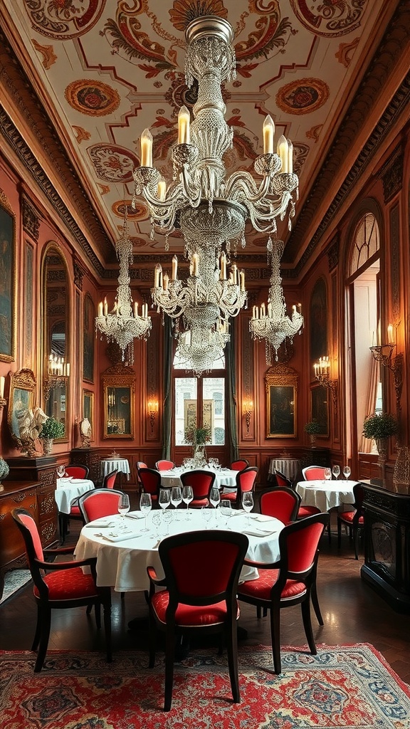 A luxurious Italian dining room with elaborate chandelier and elegant seating.