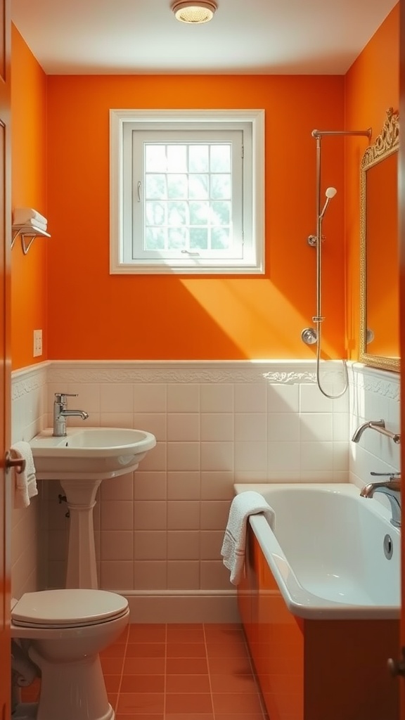 A bright orange bathroom featuring a bathtub, sink, and window