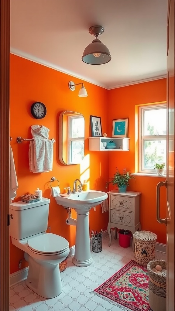 Bright orange walls in a small bathroom with white fixtures and colorful decor