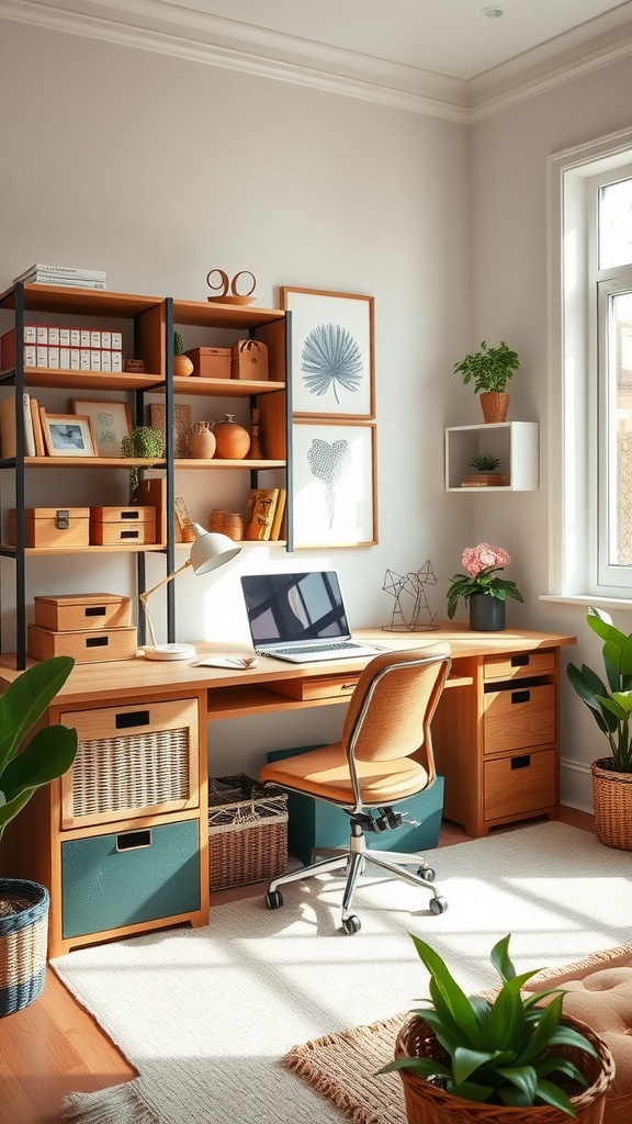 Cozy home office with organized storage solutions, including a wooden desk, bookshelves, and plants.