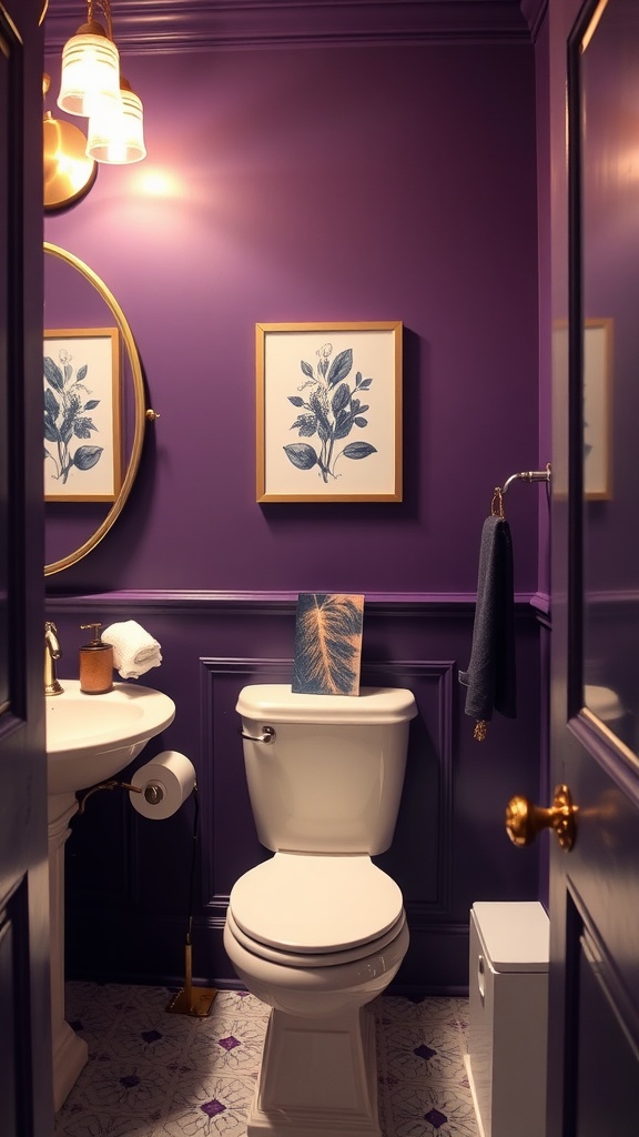 A stylish powder room featuring Orleans Violet paint, adorned with botanical art and elegant fixtures.