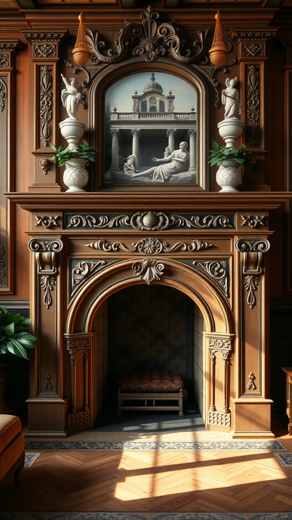 An ornate fireplace showcasing Mediterranean and Gothic design elements, with intricate carvings and a beautiful artwork above it.