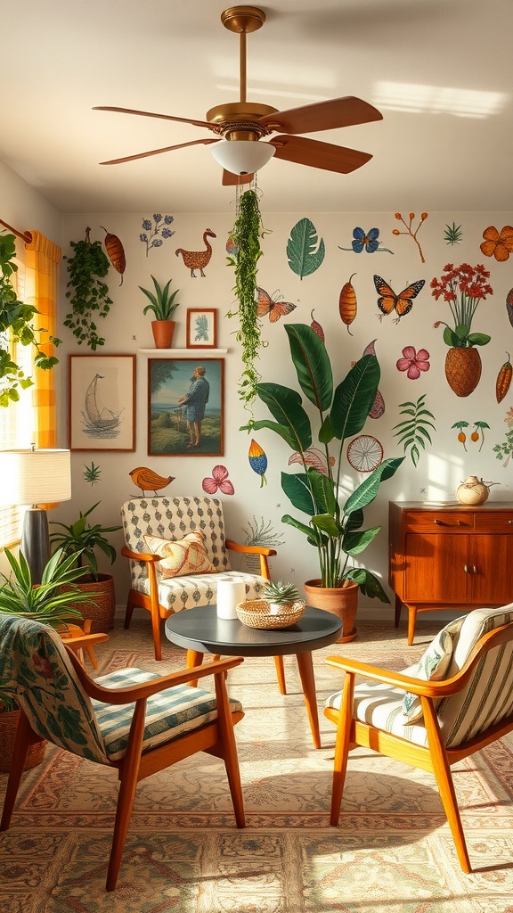 A cozy living space with plants, colorful wallpaper, and Mid-Century Modern furniture, reflecting outdoor-inspired decor.