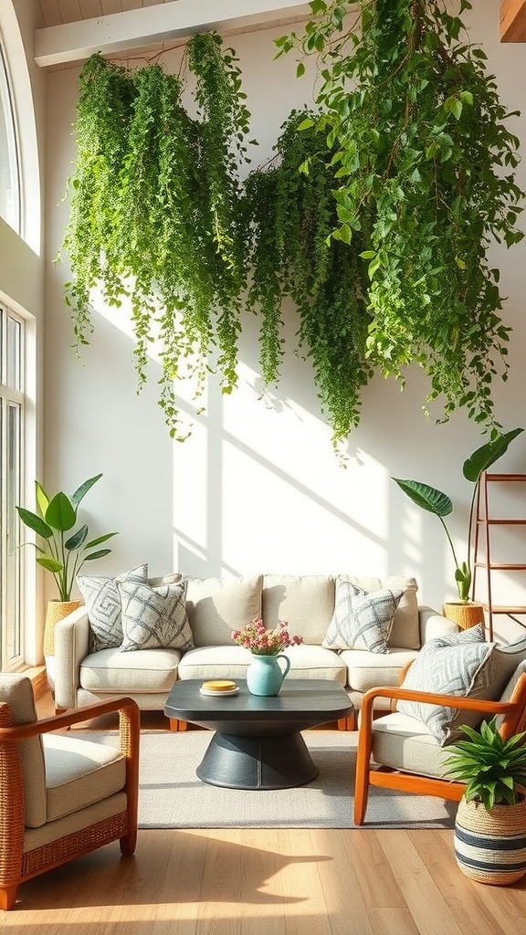 Cozy living room with greenery, natural light, and modern furniture