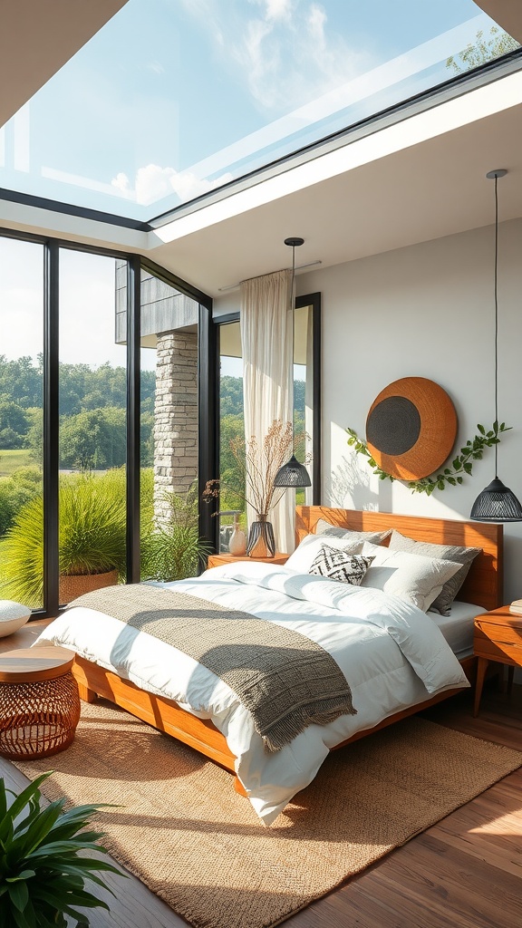 A cozy bedroom with large windows overlooking greenery, featuring a bed with textured blankets and plants around.