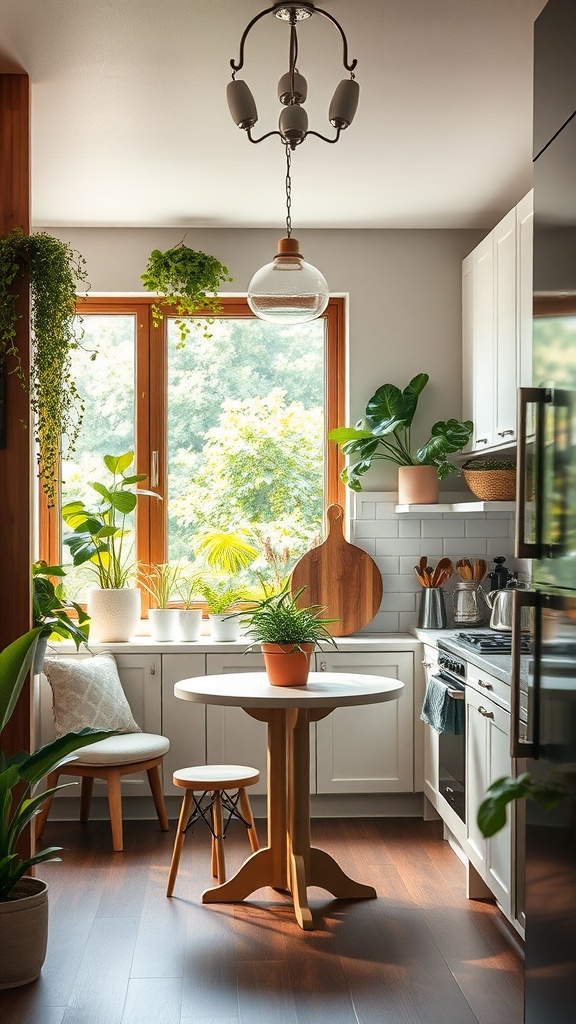 A cozy kitchen nook featuring a round table, light wood accents, and plenty of houseplants by the window.