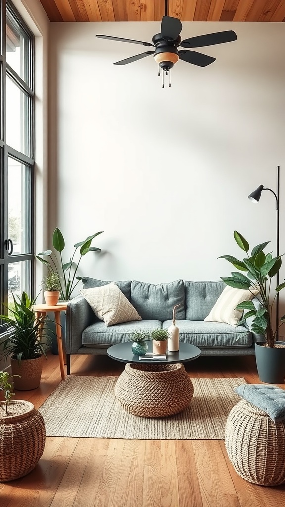 A cozy outdoor-inspired workspace featuring a gray couch, potted plants, and natural light.