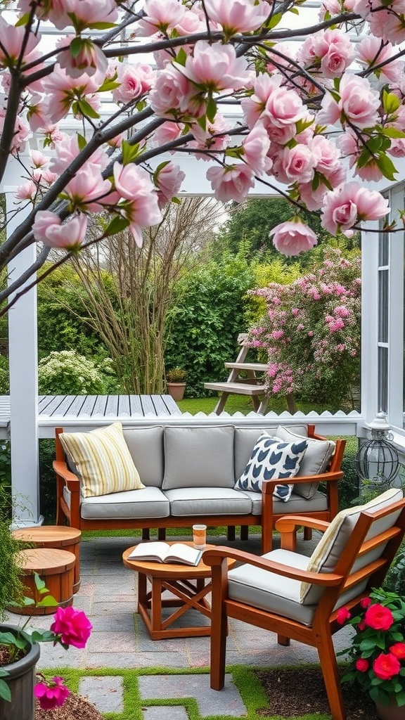 A cozy outdoor reading nook with floral decor and comfortable seating.