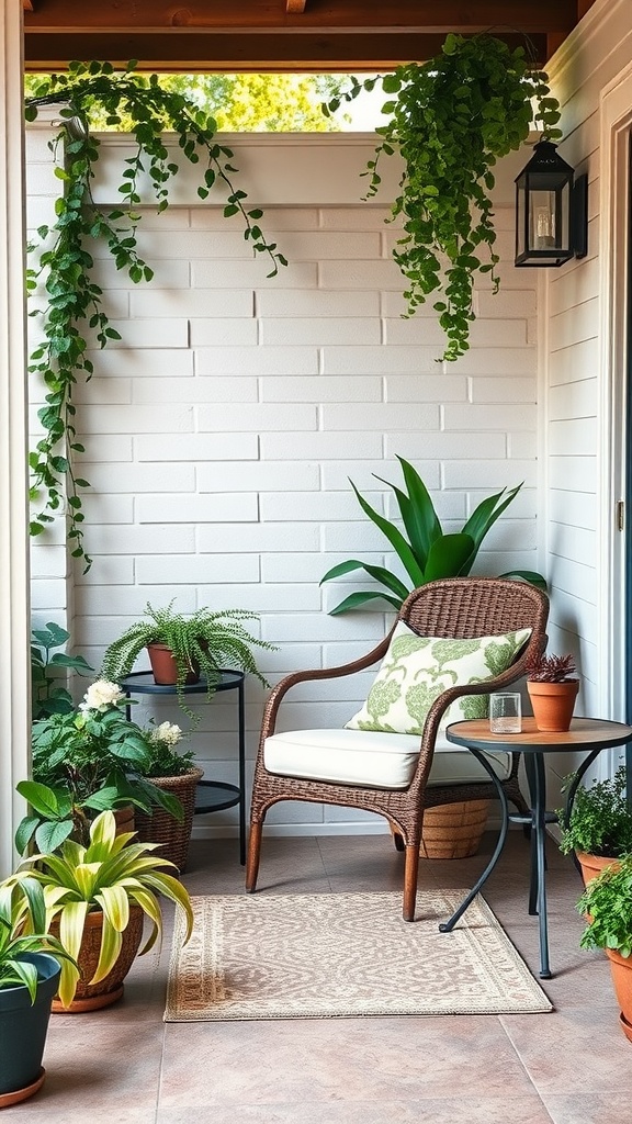 Cozy outdoor reading nook with a wicker chair, plants, and a small side table