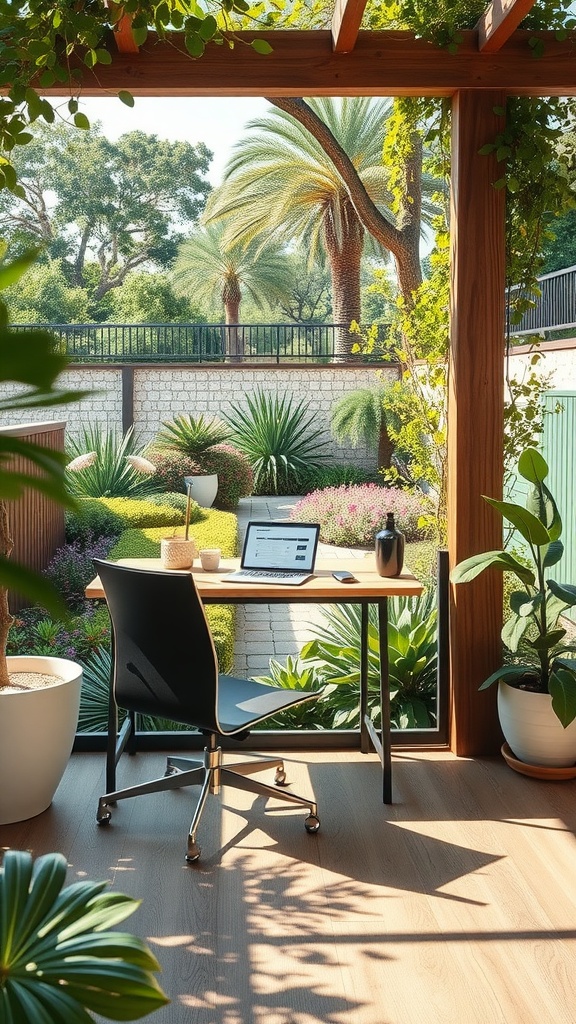 A well-organized outdoor workspace with a view of a garden, featuring a desk, laptop, and plants.