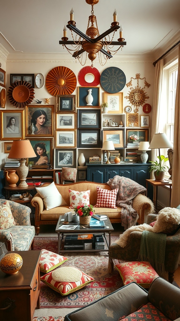 A cozy living room filled with various decorative items and accessories, with a mix of framed pictures and colorful cushions.