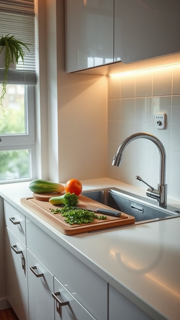 A wooden cutting board placed over a kitchen sink with fresh vegetables and herbs, maximizing counter space.