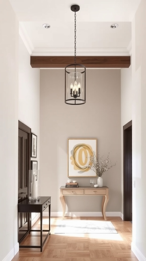 Elegant entrance hall featuring an overhead pendant light, wooden beams, and stylish decor.