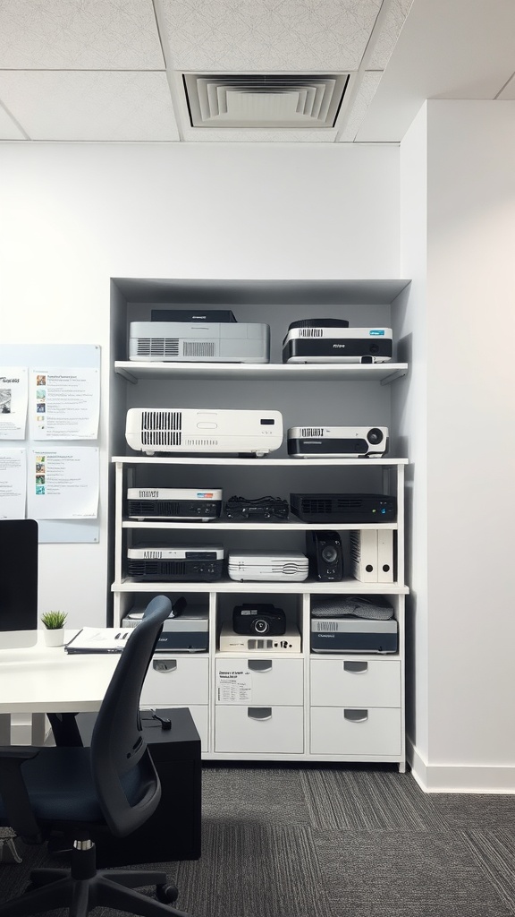 Organized overhead projector storage with multiple projectors on shelves and drawers underneath