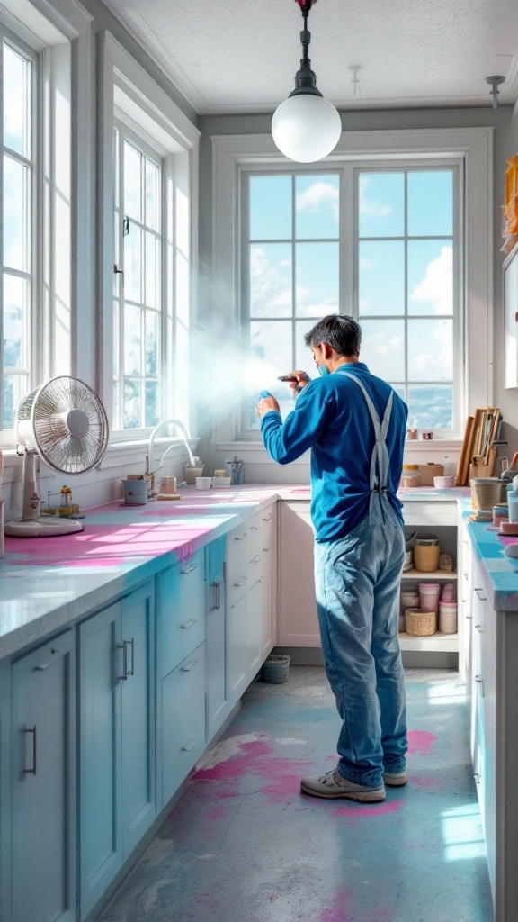 A well-ventilated room with an open window, a ceiling fan, and shelves of painted cabinets.