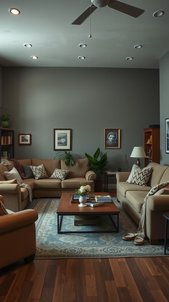 A spacious living room with oversized furniture, showcasing a cozy yet cluttered atmosphere.