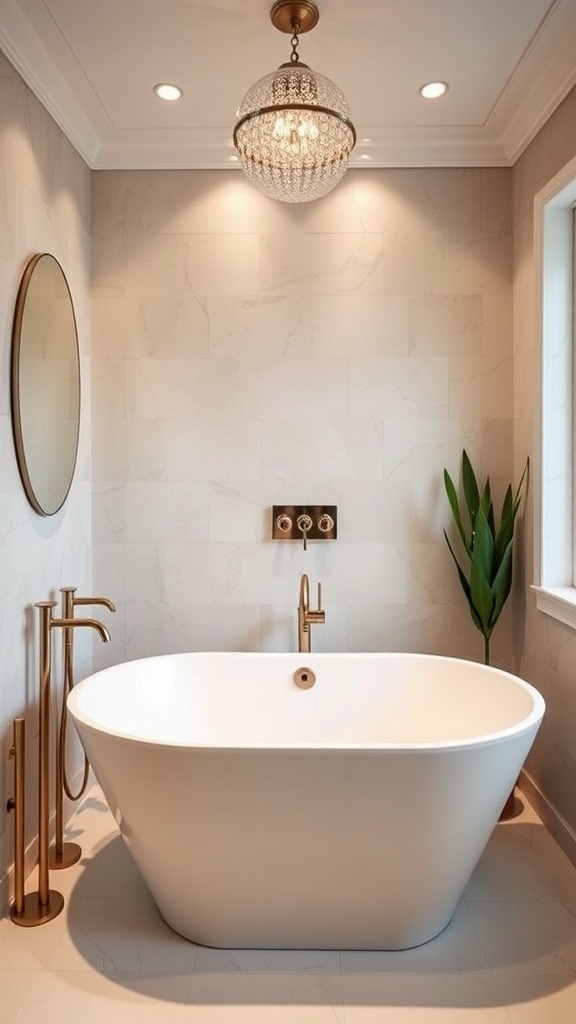 A modern owner’s suite bathroom featuring a freestanding tub, marble walls, a chandelier, and gold fixtures.