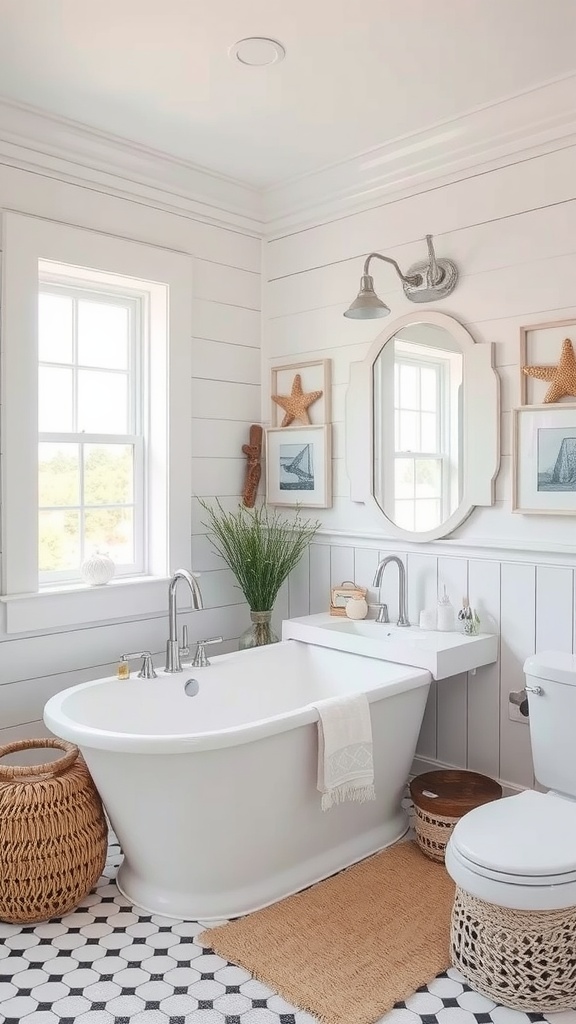 A bright and airy bathroom featuring a freestanding tub, natural textures, and a serene color palette with Oyster paint.