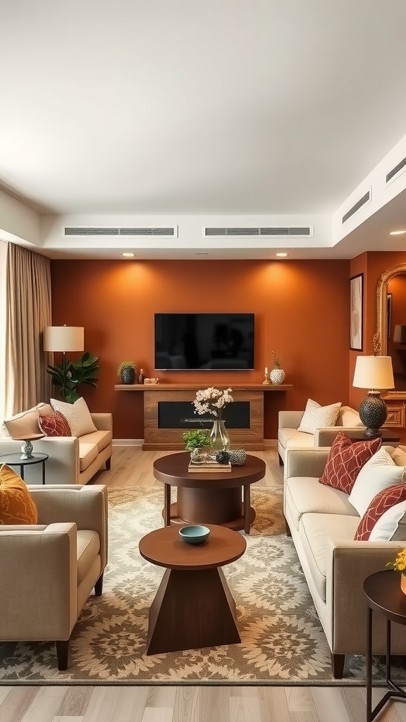 Cozy living room dining room combo with a warm accent wall, light furniture, and decorative elements.