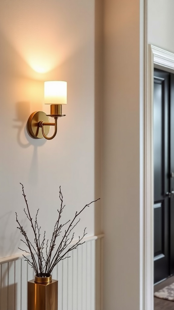 Indoor wall sconce illuminating an entrance hall with a vase of branches