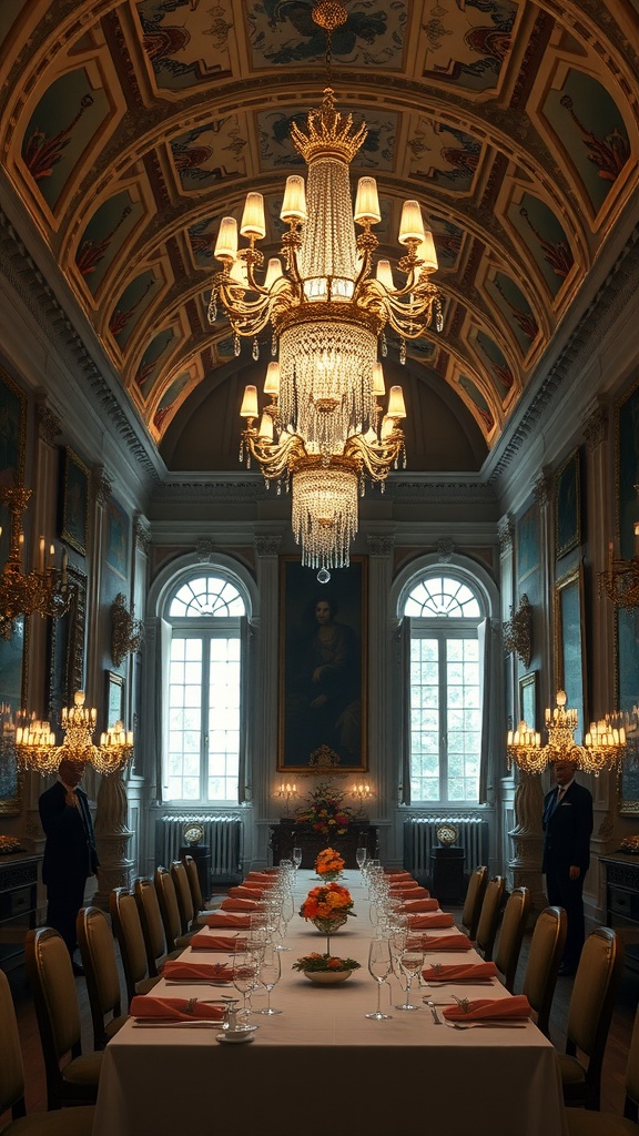 Luxurious dining room in Florence with a grand chandelier and an elegantly set table.