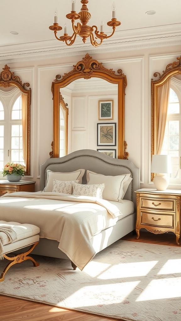 A master bedroom featuring soft pastel colors, antique mirrors, and elegant decor.