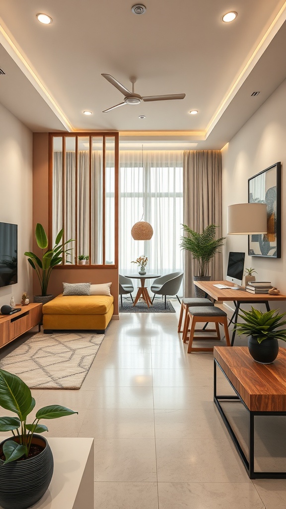 A modern small living room with a partition creating a spacious pathway, featuring a cozy seating area and a dining table.