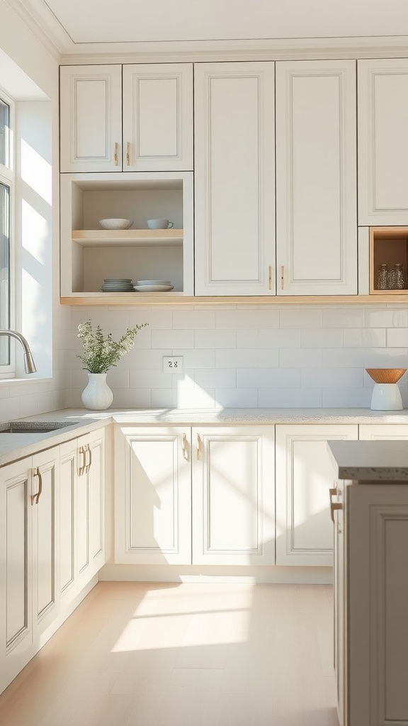 A soft pastel finish on kitchen cabinets with warm natural light and gold hardware.