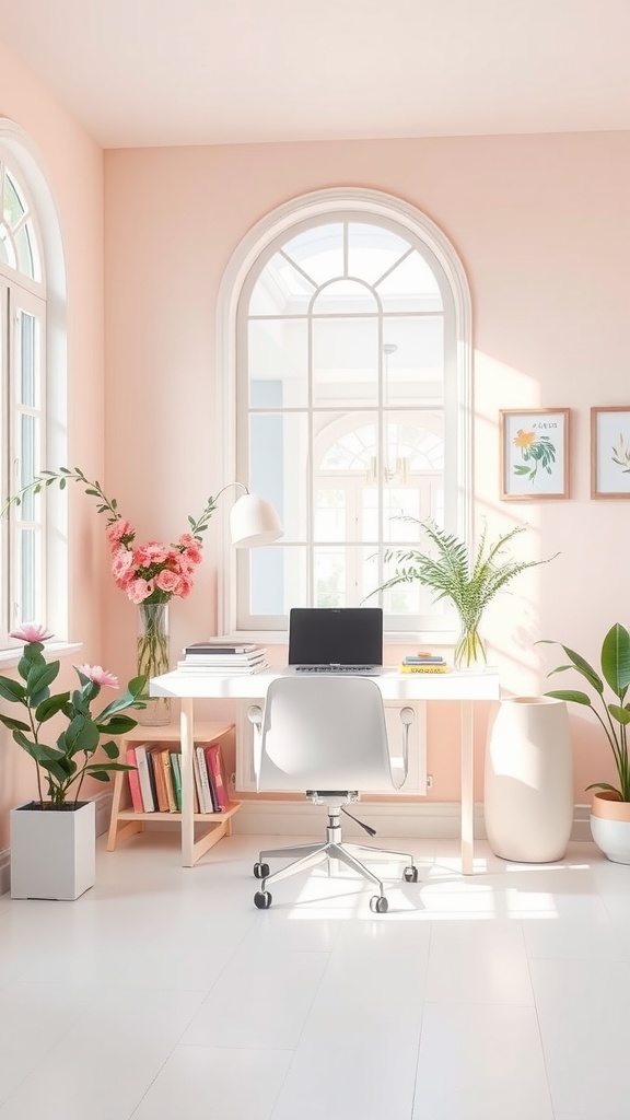 A feminine home office featuring pastel pink walls, a white desk, and greenery.