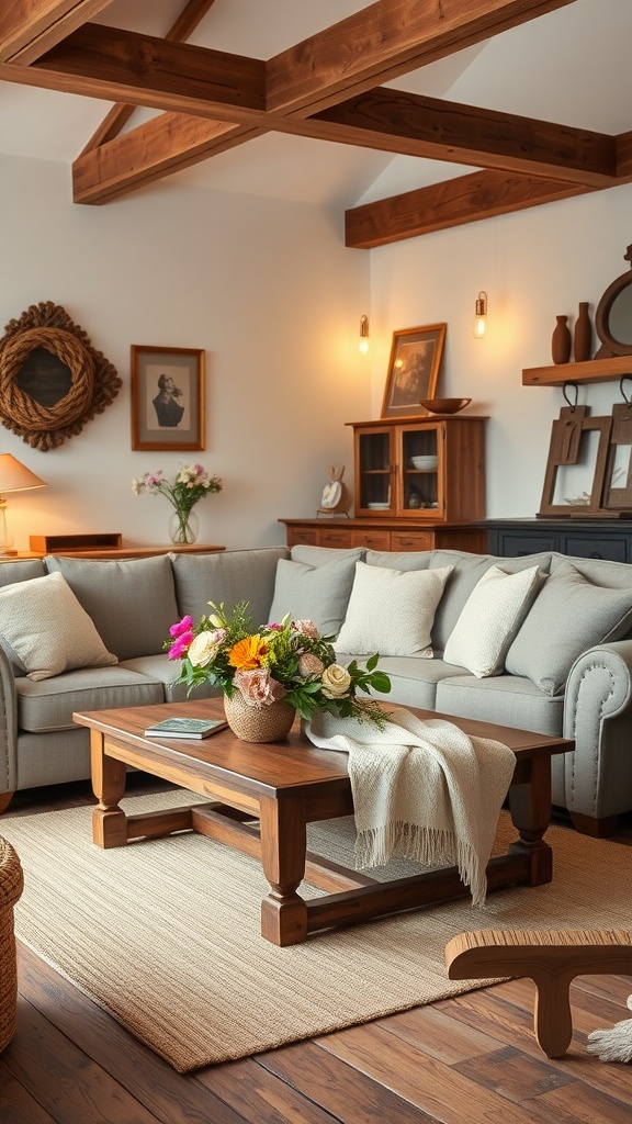 Cozy rustic farmhouse living room with gray sofa, wooden coffee table, and floral arrangement.