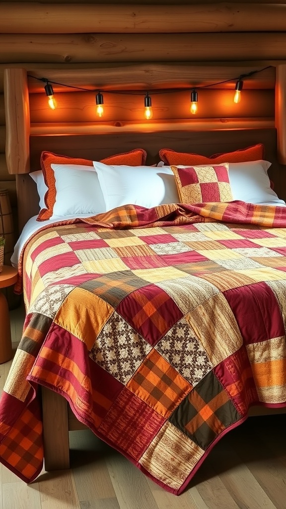 A cozy bedroom featuring a patchwork quilt bedspread in warm colors, complemented by wooden decor and soft pillows.