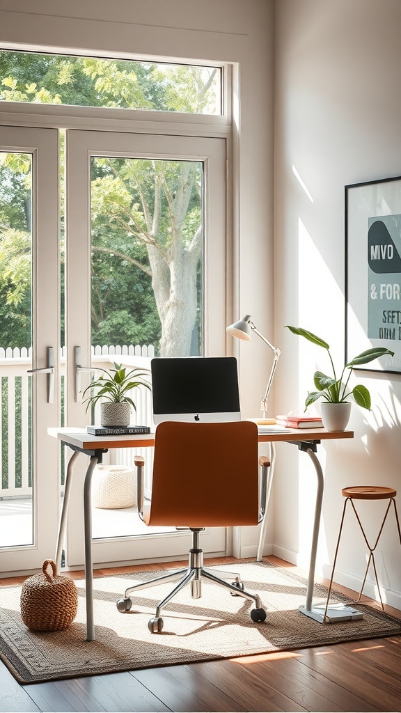 A bright home office with a desk by patio doors, featuring an orange chair and plants.