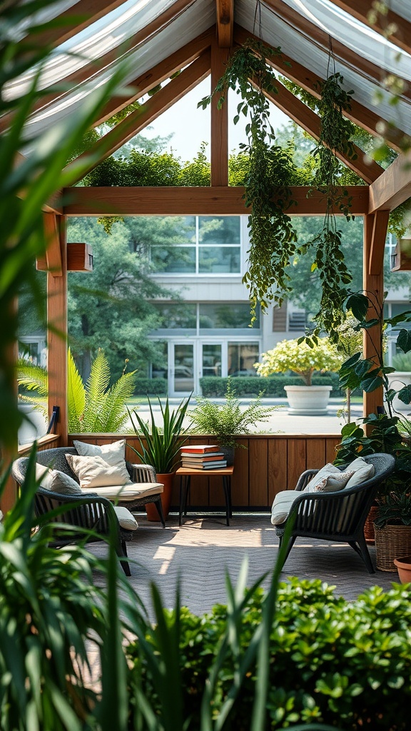 A cozy pavilion-style outdoor nook with comfortable seating, surrounded by greenery.