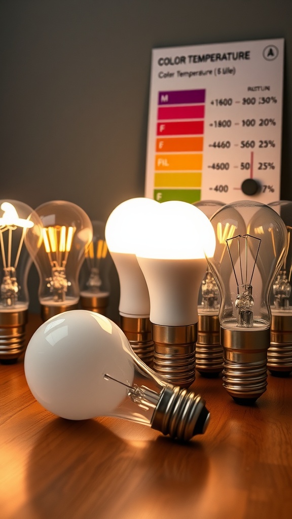 An assortment of light bulbs with a color temperature chart in the background, illustrating brightness and color temperature options.
