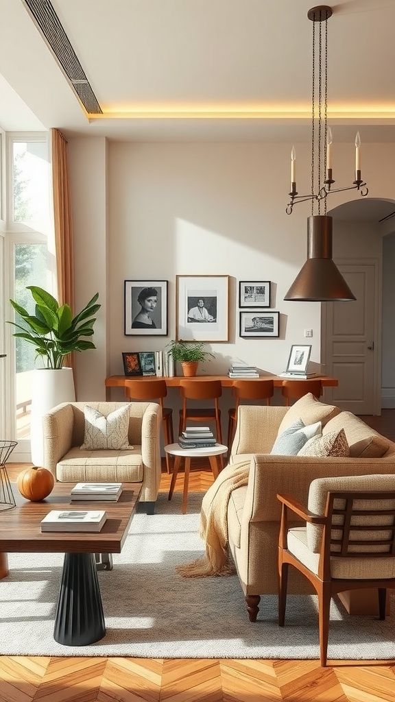 Cozy living room dining room combo with beige furniture and wooden accents