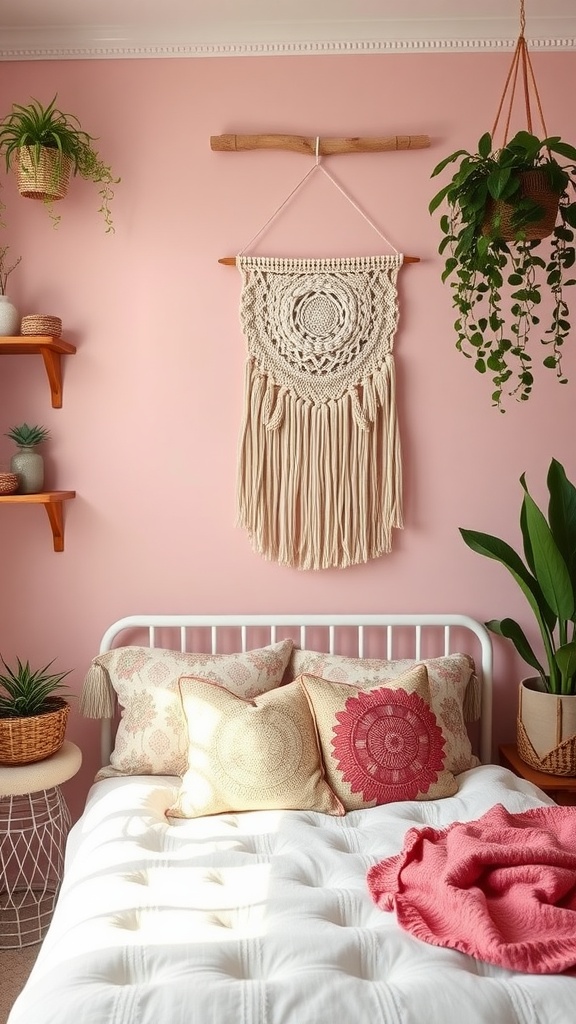 A beautifully arranged pink boho-style bedroom featuring soft pink walls, cozy bedding, macrame plant hangers, and various plants.