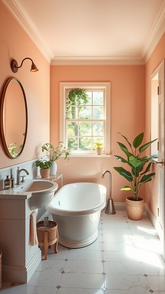 A bathroom painted in peach with a white bathtub, plants, and natural light.