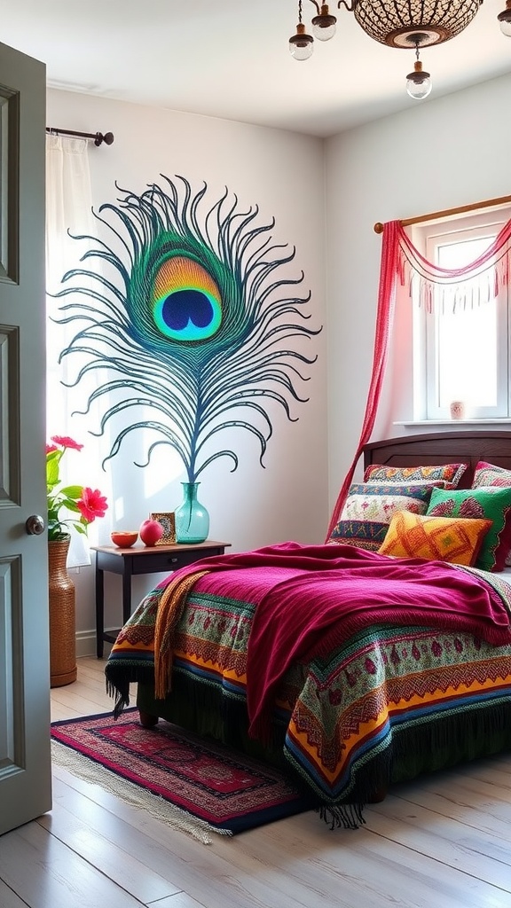 A peacock feather wall art piece above a cozy bed adorned with colorful pillows and blankets.