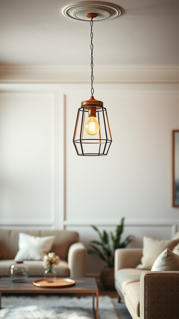 A pendant light hanging above a cozy living room seating area.