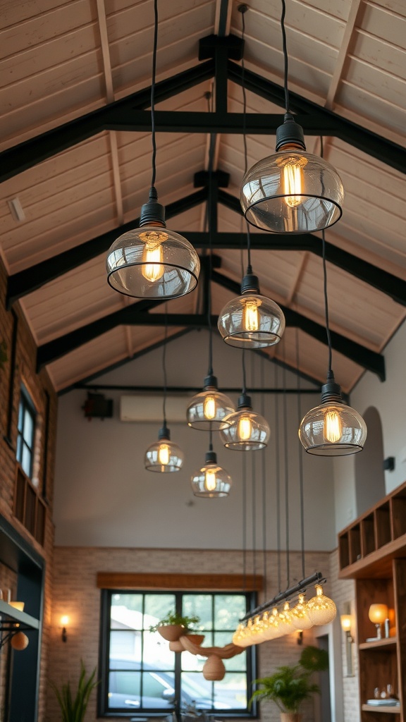 A room with vaulted ceilings featuring multiple pendant lights hanging from the ceiling.