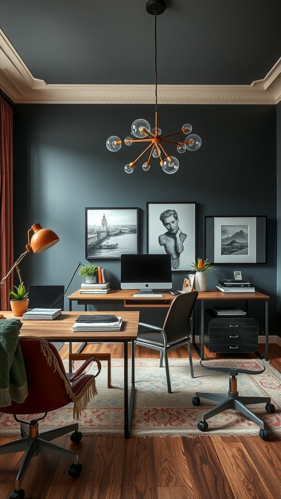 A stylish office space featuring deep gray walls, contemporary lighting, and modern furnishings.