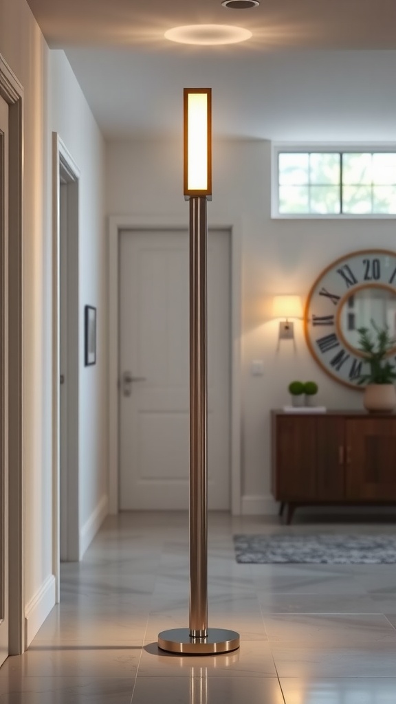 A sleek perimeter floor lamp in a modern foyer, illuminating the space with a warm glow.