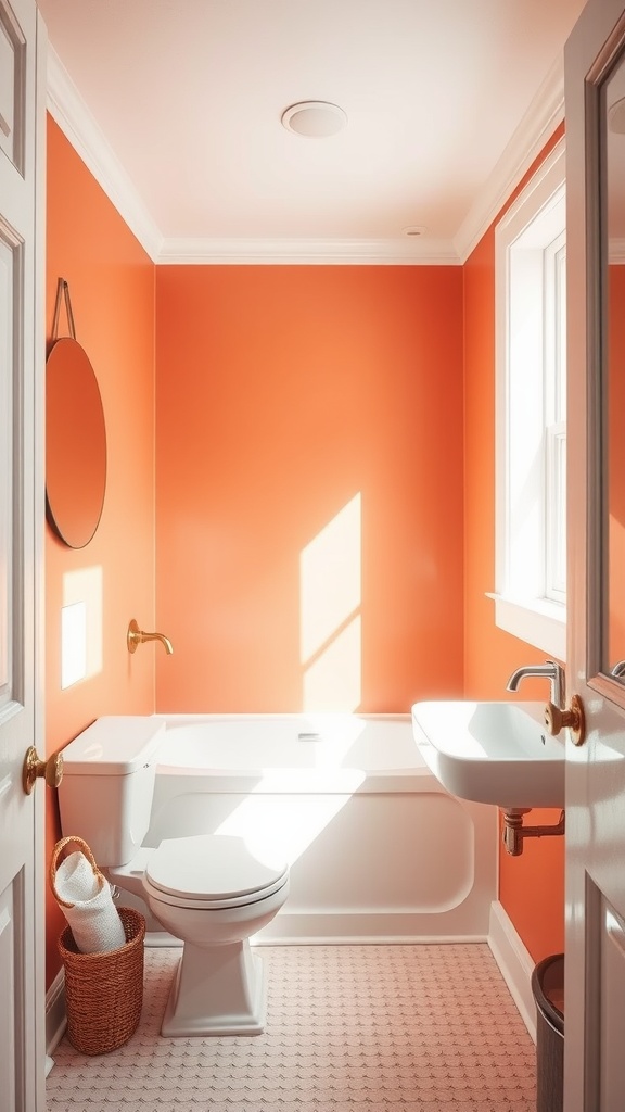 A small bathroom painted in Persimmon by Sherwin-Williams with a bathtub, sink, and bright lighting.