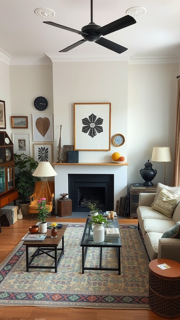 A cozy living room with eclectic art displays, comfy sofa, and plants.