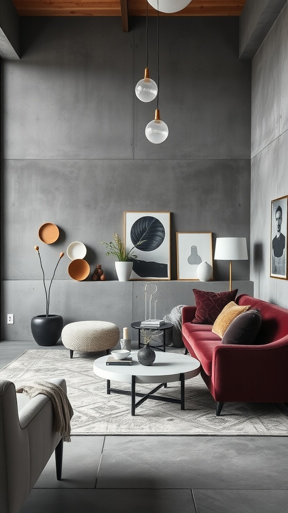 Brutalist living room featuring concrete walls, red sofa, decorative plants, and art pieces.